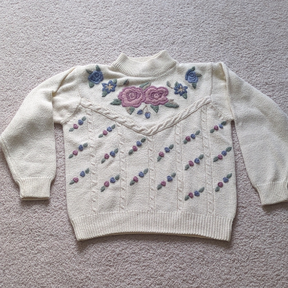 Alfred Dunner Cream Sweater with Floral Embroidery